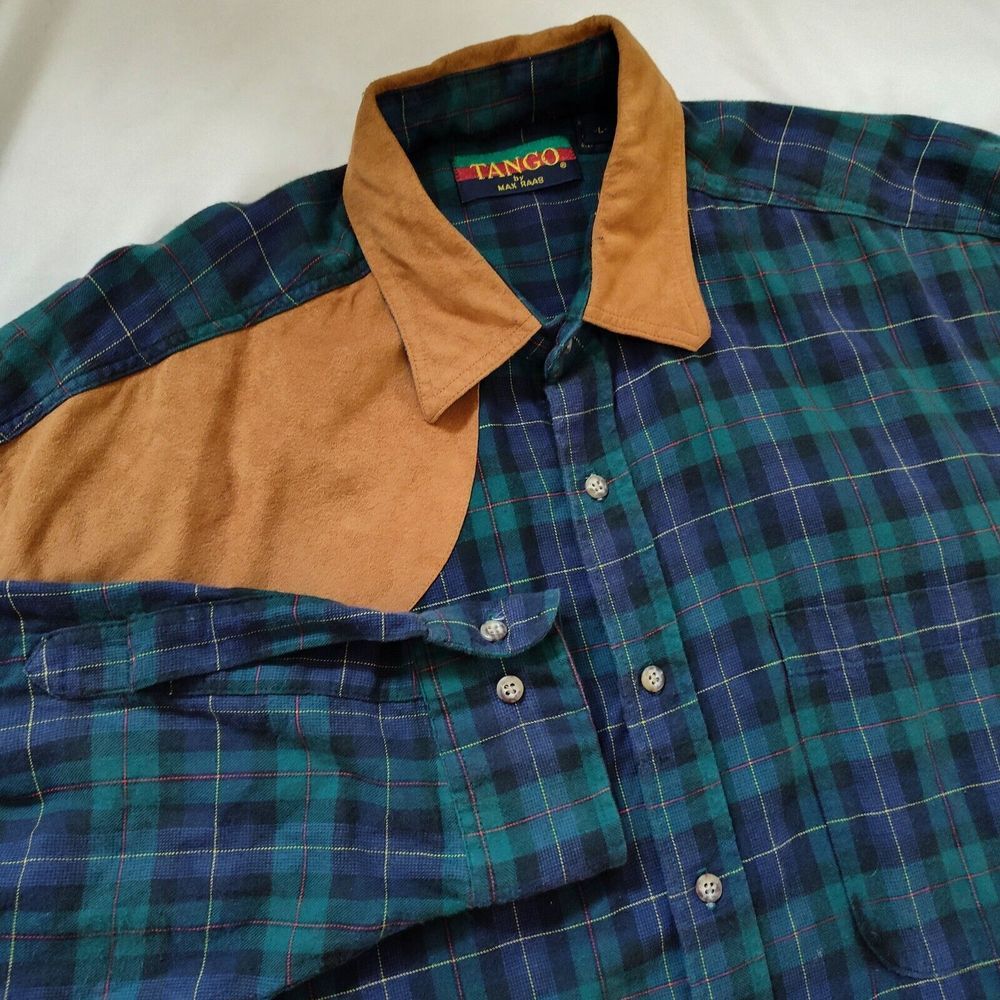 Tango by Max Raab Green Blue Plaid Button Down Long Sleeve Made in USA‎ Size L